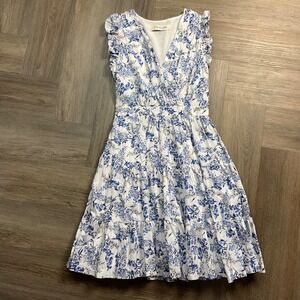 Taylor French Floral Cotton Tiered Ruffle Dress Womens Small Blue White Boho